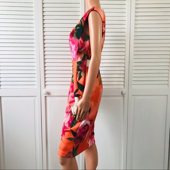 CALVIN KLEIN Orange Floral Sheath Sleeveless Dress Size Petite - Picture 3 of 8